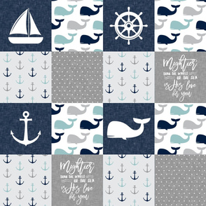 Nautical Patchwork - Mightier than the waves in the sea - Sailboat, Anchor, Wheel, Whale - Navy, dusty blue,  and Grey LAD19