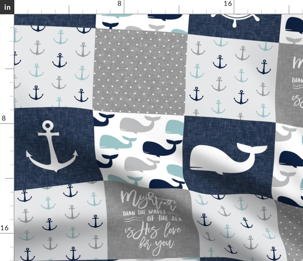 Nautical Patchwork - Mightier than the waves in the sea - Sailboat, Anchor, Wheel, Whale - Navy, dusty blue,  and Grey LAD19