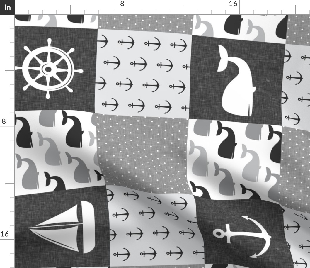 Nautical Patchwork - Sailboat, Anchor, Wheel, Whale - Monochrome (90)  LAD19