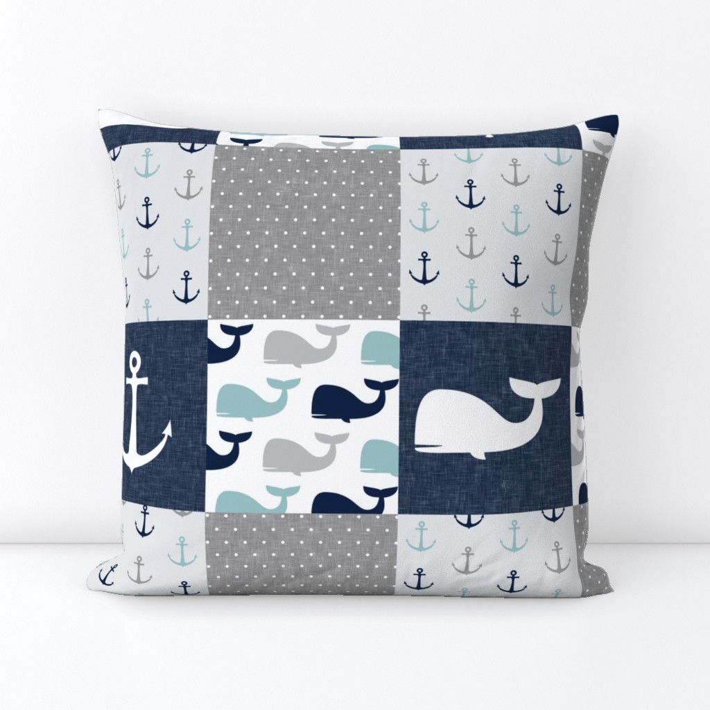 Nautical Patchwork  - Sailboat, Anchor, Wheel, Whale - Navy, dusty blue,  and Grey  LAD19