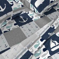 Nautical Patchwork  - Sailboat, Anchor, Wheel, Whale - Navy, dusty blue,  and Grey  LAD19