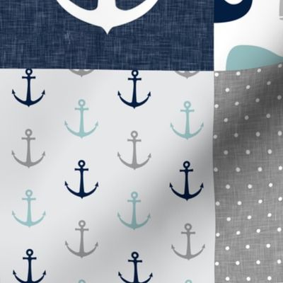 Nautical Patchwork  - Sailboat, Anchor, Wheel, Whale - Navy, dusty blue,  and Grey  LAD19