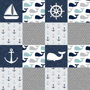 Nautical Patchwork  - Sailboat, Anchor, Wheel, Whale - Navy, dusty blue,  and Grey  LAD19