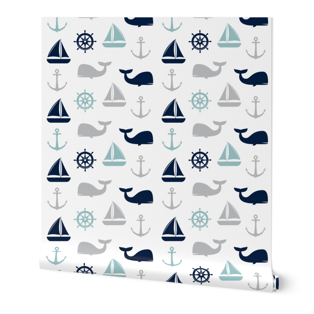 nautical in grey, dusty blue, and navy - whale, sailboat, anchor, wheel LAD19