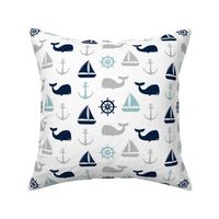 nautical in grey, dusty blue, and navy - whale, sailboat, anchor, wheel LAD19