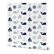 nautical in grey, dusty blue, and navy - whale, sailboat, anchor, wheel LAD19