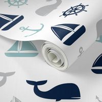 nautical in grey, dusty blue, and navy - whale, sailboat, anchor, wheel LAD19