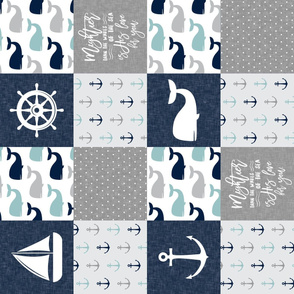 Nautical Patchwork - Mightier than the waves in the sea - Sailboat, Anchor, Wheel, Whale - Navy, dusty blue,  and Grey (90)  LAD19