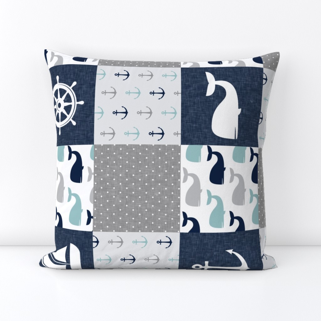 Nautical Patchwork  - Sailboat, Anchor, Wheel, Whale - Navy, dusty blue,  and Grey (90)  LAD19