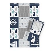 Nautical Patchwork  - Sailboat, Anchor, Wheel, Whale - Navy, dusty blue,  and Grey (90)  LAD19