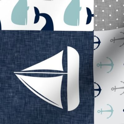 Nautical Patchwork  - Sailboat, Anchor, Wheel, Whale - Navy, dusty blue,  and Grey (90)  LAD19