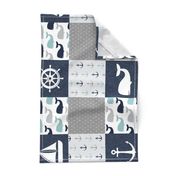 Nautical Patchwork  - Sailboat, Anchor, Wheel, Whale - Navy, dusty blue,  and Grey (90)  LAD19