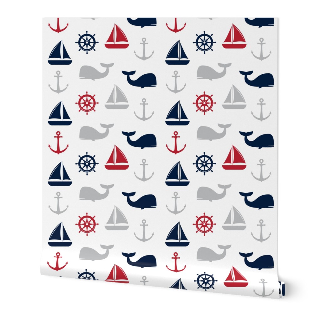 nautical in navy and red - whale, sailboat, anchor,  wheel LAD19