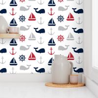 nautical in navy and red - whale, sailboat, anchor,  wheel LAD19