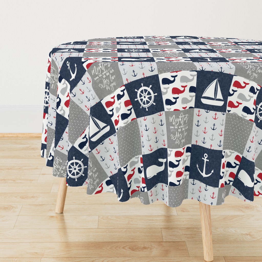 Nautical Patchwork - Mightier than the waves in the sea - Sailboat, Anchor, Wheel, Whale - Red and Navy LAD19