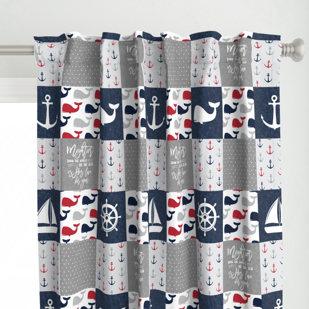 Nautical Patchwork - Mightier than the waves in the sea - Sailboat, Anchor, Wheel, Whale - Red and Navy LAD19