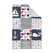 Nautical Patchwork - Mightier than the waves in the sea - Sailboat, Anchor, Wheel, Whale - Red and Navy LAD19