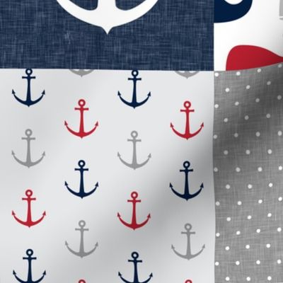 Nautical Patchwork - Sailboat, Anchor, Wheel, Whale - Red and Navy  LAD19