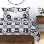 Nautical Patchwork - Sailboat, Anchor, Wheel, Whale - Red and Navy  LAD19