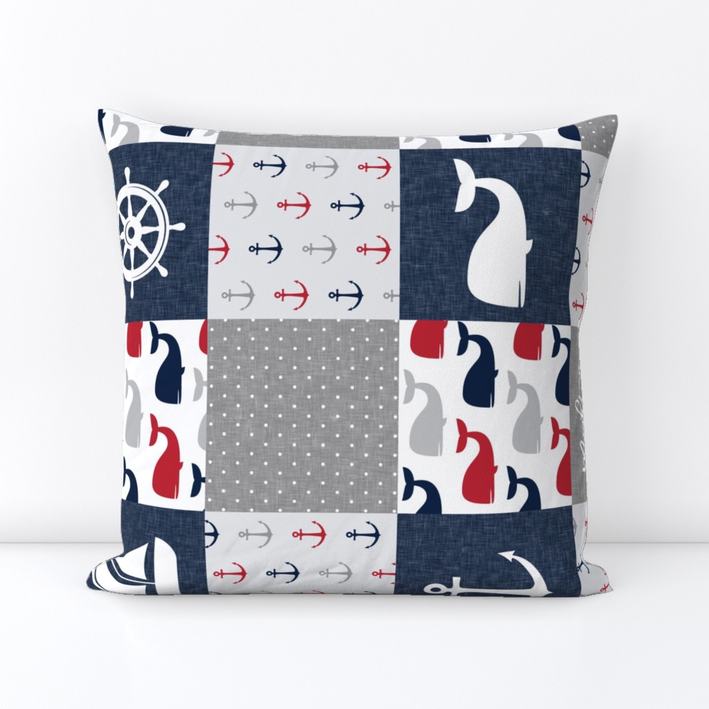 Nautical Patchwork - Mightier than the waves in the sea - Sailboat, Anchor, Wheel, Whale - Red and Navy (90) LAD19