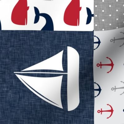 Nautical Patchwork - Mightier than the waves in the sea - Sailboat, Anchor, Wheel, Whale - Red and Navy (90) LAD19