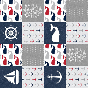 Nautical Patchwork - Mightier than the waves in the sea - Sailboat, Anchor, Wheel, Whale - Red and Navy (90) LAD19