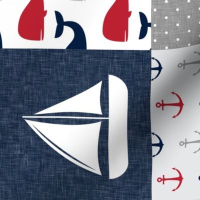 Nautical Patchwork - Sailboat, Anchor, Wheel, Whale - Red and Navy (90) LAD19