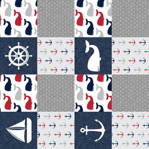 Nautical Patchwork - Sailboat, Anchor, Wheel, Whale - Red and Navy (90) LAD19