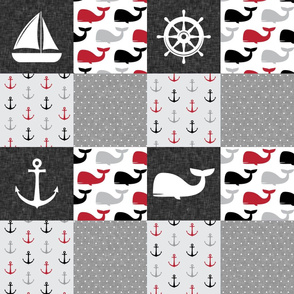 Nautical Patchwork - Sailboat, Anchor, Wheel, Whale - Red and Grey LAD19