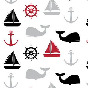 nautical in red and black - whale, sailboat, anchor,  wheel LAD19