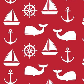 nautical on red - whale, sailboat, anchor,  wheel LAD19