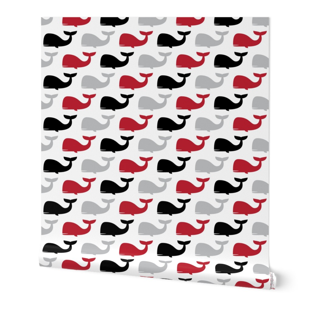 whales - nautical fabric - black and red LAD19