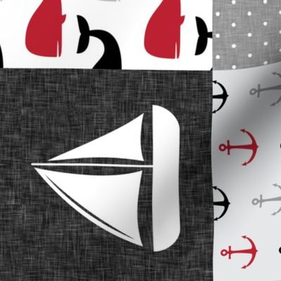 Nautical Patchwork - Mightier than the waves in the sea - Sailboat, Anchor, Wheel, Whale - Red and Grey (90) LAD19