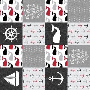 Nautical Patchwork - Mightier than the waves in the sea - Sailboat, Anchor, Wheel, Whale - Red and Grey (90) LAD19