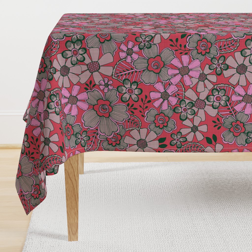 Fanciful Flowers, linen, Red