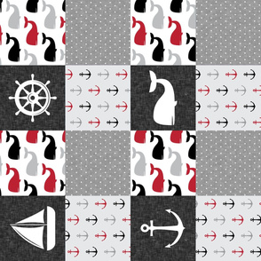 Nautical Patchwork - Sailboat, Anchor, Wheel, Whale - Red and Grey (90) LAD19
