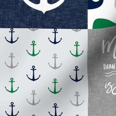 Nautical Patchwork - Mightier than the waves in the sea - Sailboat, Anchor, Wheel, Whale -  Navy and Green LAD19