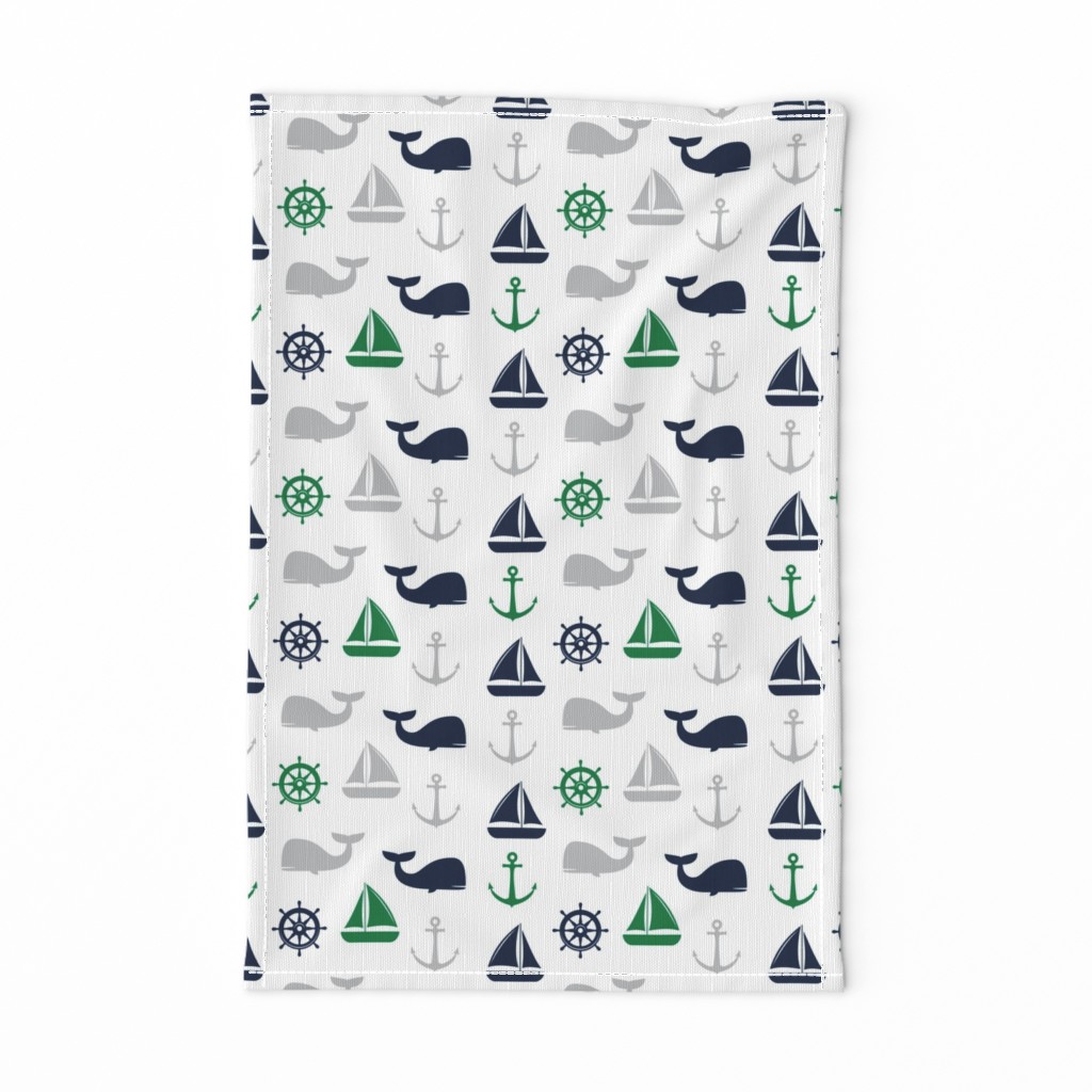 nautical in green, navy  & grey - whale, sailboat, anchor,  wheel LAD19