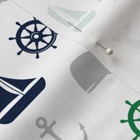 nautical in green, navy  & grey - whale, sailboat, anchor,  wheel LAD19