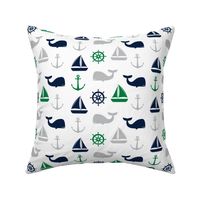 nautical in green, navy  & grey - whale, sailboat, anchor,  wheel LAD19