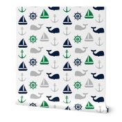 nautical in green, navy  & grey - whale, sailboat, anchor,  wheel LAD19