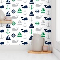 nautical in green, navy  & grey - whale, sailboat, anchor,  wheel LAD19