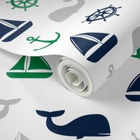 nautical in green, navy  & grey - whale, sailboat, anchor,  wheel LAD19