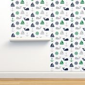 nautical in green, navy  & grey - whale, sailboat, anchor,  wheel LAD19