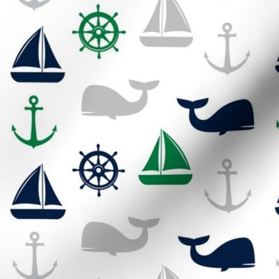 nautical in green, navy  & grey - whale, sailboat, anchor,  wheel LAD19