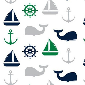 nautical in green, navy  & grey - whale, sailboat, anchor,  wheel LAD19