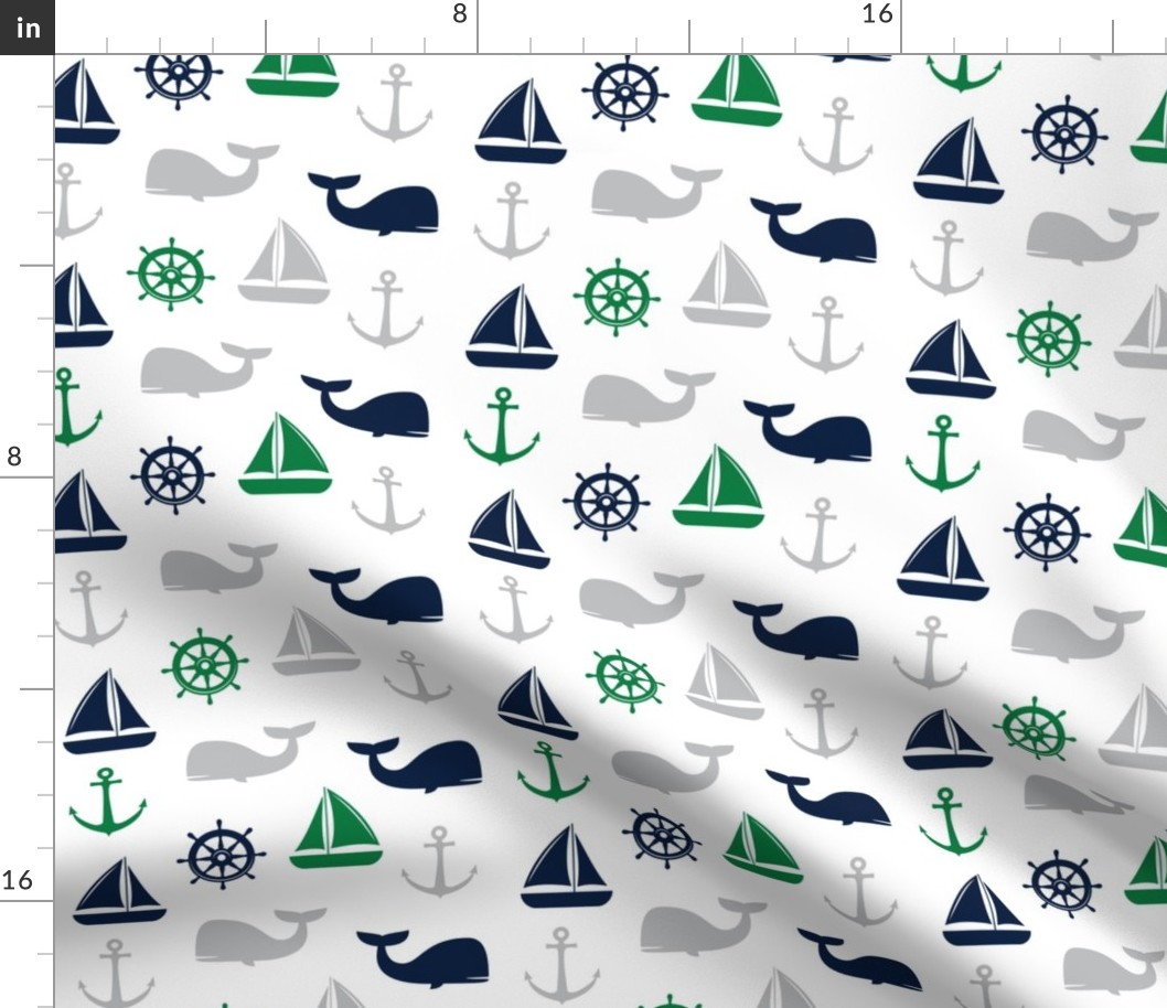 nautical in green, navy  & grey - whale, sailboat, anchor,  wheel LAD19