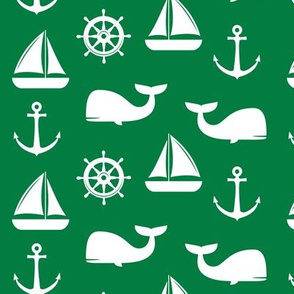 nautical on green - whale, sailboat, anchor,  wheel LAD19