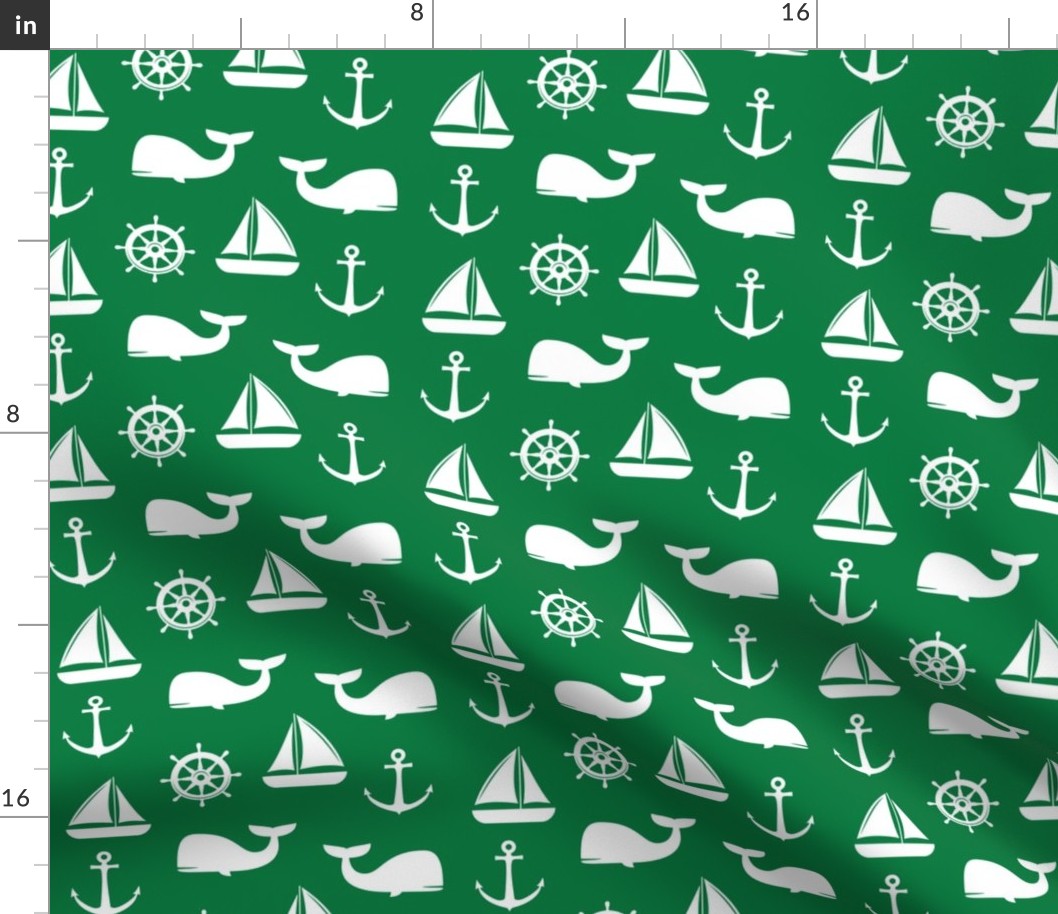 nautical on green - whale, sailboat, anchor,  wheel LAD19
