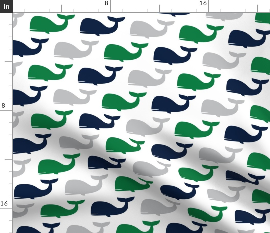 whales - nautical fabric - navy and green LAD19